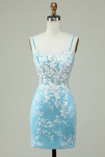 Tiratnes de Espagueti Azul Claro Vestido de Cóctel Con Apliques
